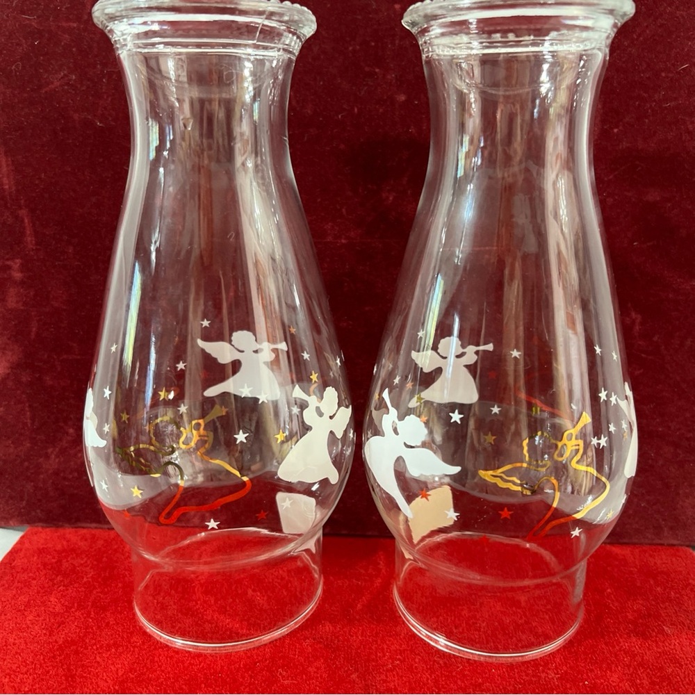 Anchor Hocking hurricane lamp, Clear Glass with White & Gold Angels